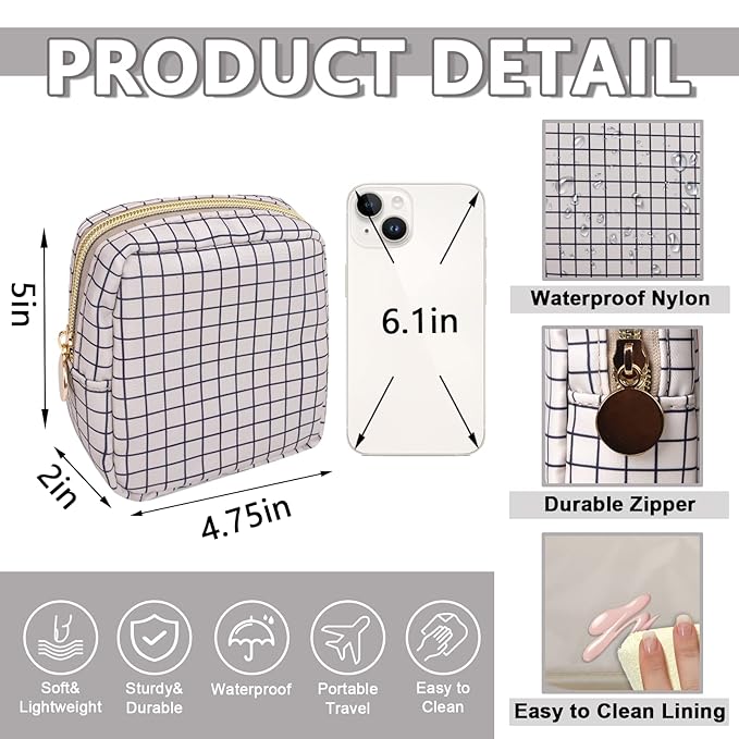 Mini Makeup Pouch for Purse, Nylon Travel Toiletry Organizers Small Cosmetic Bag for Women Girl, Checkered Cute Zipper Coin Purse Preppy Storage Bag for School Work(Mini-Checkered)