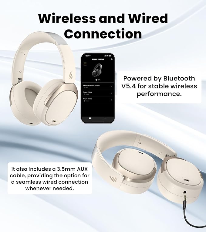 Edifier W80 Over Ear Headphones with -49dB Active Noise Cancelling, LDAC Hi-Res Wired & Wireless, AI Clear Call, Fast Charging, Multipoint Connection, Bluetooth V5.4 - Ivory