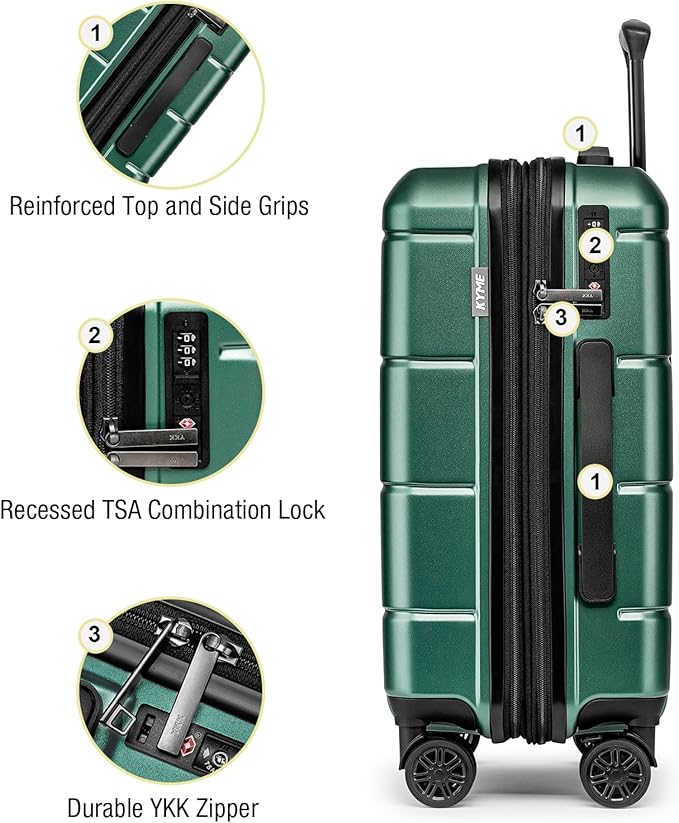 KYME Green Carry On Luggage 22x14x9 Airline Approved Expandable 20 Inch Hardshell Carry On Suitcase with Wheels TSA Lock Small Travel Rolling Luggage with Cup Holder for Men Women