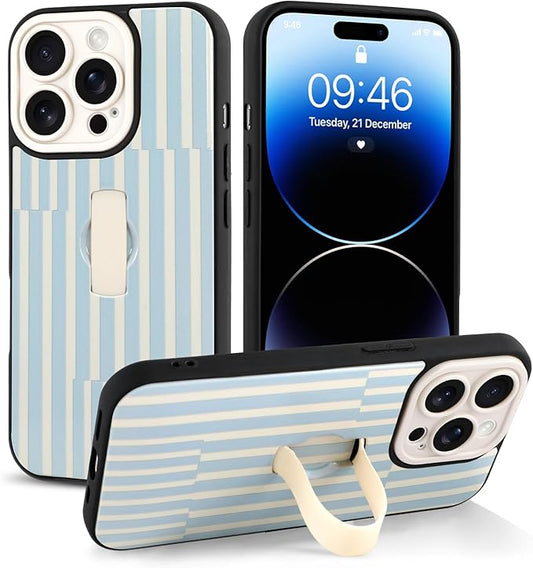 Compatible with iPhone 14 Pro Case with Finger Hand Strap Kickstand, Trendy Cool Striped Phone Case for Women Men, Full Camera Protection Shockproof Protective Cover, White and Blue Stripes