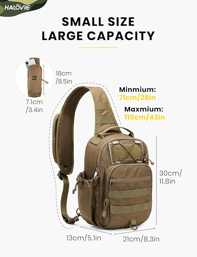 HALOVIE Anti-theft Tactical Sling Bag RFID Khaki Military Shoulder Bag with Phone Pack EDC Molle Crossbody Bag for men