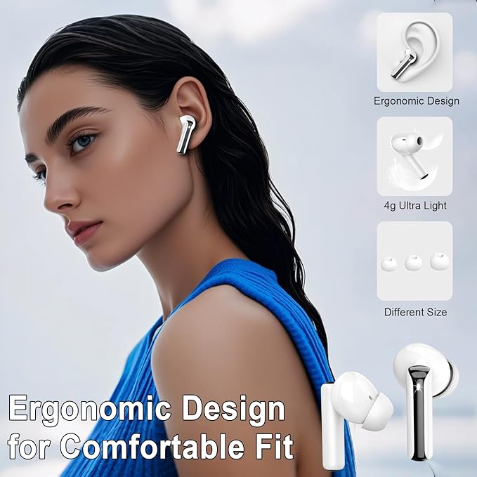 Wireless Earbuds, Bluetooth 5.4 Headphones with HiFi Stereo, in Ear Earphones with 4 ENC Mics, 48H Bluetooth Earbuds with LED Display Charging Case, IP7 Waterproof Ear Buds for Android iOS White