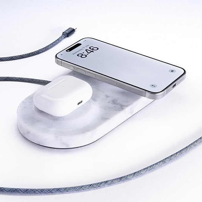 Einova Dual Classic Stone – Dual Wireless Charging Pad in Genuine Marble, Designed in Italy, Integrated 6 ft USB-C Cable, Smartphones, Wireless Earbuds, Smartwatches – White Carrara Marble