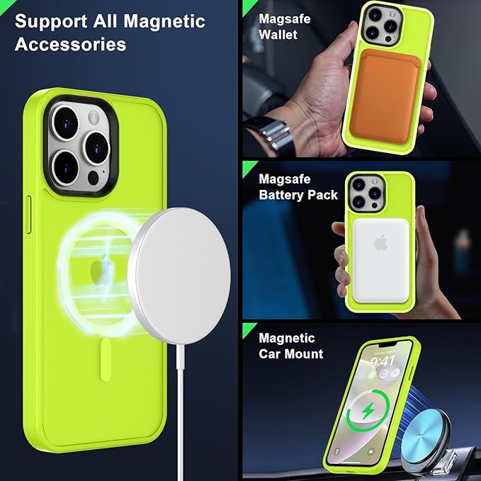 MOCCA Strong Magnetic for iPhone 14 Pro Max Case [Compatible with Magsafe] [10FT Military Grade Protective] Translucent Matte Slim Shockproof Case for iPhone 14 Pro Max 6.7"- Fluorescent Green