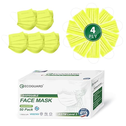Disposable Face Masks Made in USA, 4 Ply for Families, Students, Breathable All-Day Wear & Safety, FSA HSA Eligible, ASTM Level 3 Medical Grade, 50 Pack, Green