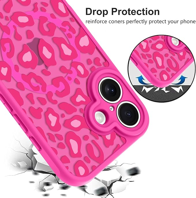 KANGHAR Case for iPhone 16 Hot Pink Leopard Printed Pattern Cute Cheetah [Compatible with Magsafe] Protective Magnetic Case for Girls Women 6.1"