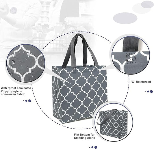 BeeGreen 12-Pack Foldable Reusable Grocery Bags Large Cloth Tote Bags with Handles, Bulk Shopping- Bags in Geometric Design, Shopping Baskets, Utility Reusable Gift for Groceries