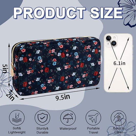 Waterproof Small Floral Makeup Bag Pouch for Purse,Nylon Flower Cosmetic Bag Preppy Travel Toiletry Storage Bag for Women Girl,Cute Makeup Organizer Bag Skincare Bag with Zipper(Small Black-Flowers)