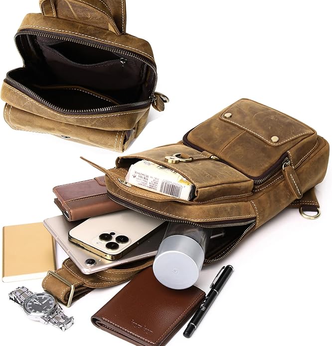 Genuine Leather Sling Bag for Men Women Backpack Chest Shoulder Satchel Crossbody Bags Casual Outdoor Daypack