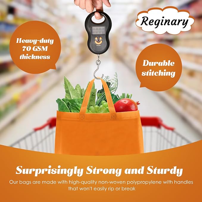 Reginary Reusable Totes Bags - 100 Pcs Non Woven Grocery Handle Bags for Shop Events & Retail Store (Orange)