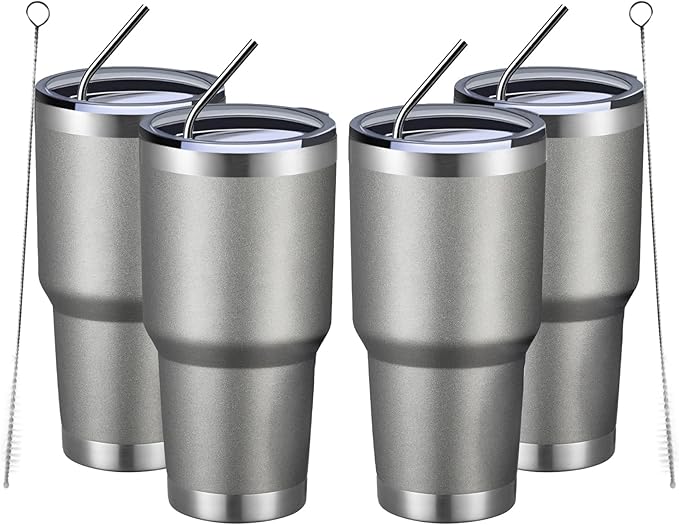 MEWAY 30oz Insulated Tumbler With Lids and Straws,Stainless Steel Double Vacuum Coffee Tumbler Cup, Brush, Durable Powder Coated Coffee Cup for Cold & Hot Drinks, Office, Travel(Cold Grey,4 PACK)