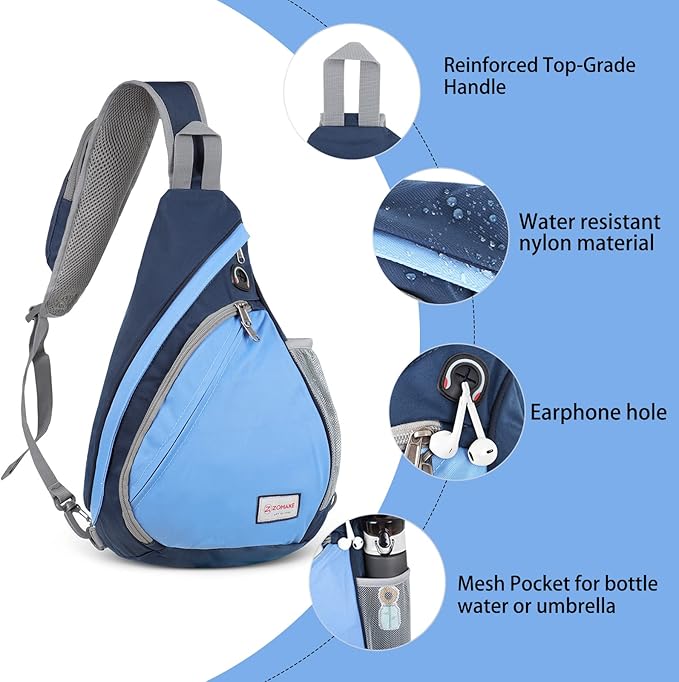 ZOMAKE Sling Bag,Small Crossbody Sling Backpack,Water Resistant Shoulder Daypack for Travel,Anti Thief Chest Bag for Hiking(Navy Blue,Azure)