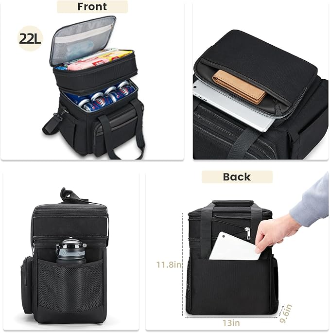 Insulated Lunch Bag & Lunch Box for Men - Double Deck Reusable Lunch Bag for Women Tote Cooler Bag Leakproof Soft Expandable - Extra Large Lunchbox for Work/Adult/Picnic/Outdoor (Black，22L)