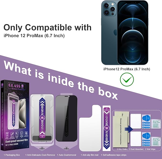 2 Pack Privacy Screen Protector for iPhone 12 Pro Max, 9H Tempered Glass, Full Coverage, Anti-Fingerprint, Auto Dust-Elimination, No Bubble, Easy Installation
