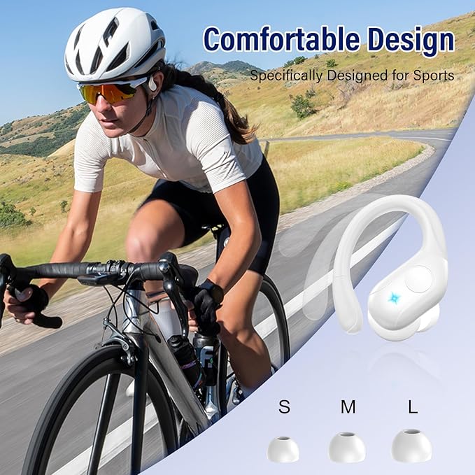 Wireless Earbuds Bluetooth 5.4 Headphones 75H Stereo Deep Bass Sports Over Ear Buds with Earhooks, LED Display Bluetooth Earbuds with 4 ENC Mic, IP7 Waterproof Earphone for Running, White