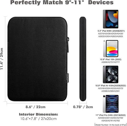 MoKo 9-11 Inch Tablet Sleeve Bag Carrying Case Fits New 11inch iPad Air M3, iPad A16 2025, iPad Pro 11 M4, Air 5/4/3, iPad 10/9/8th Gen, Tab S8/S9 11", Black