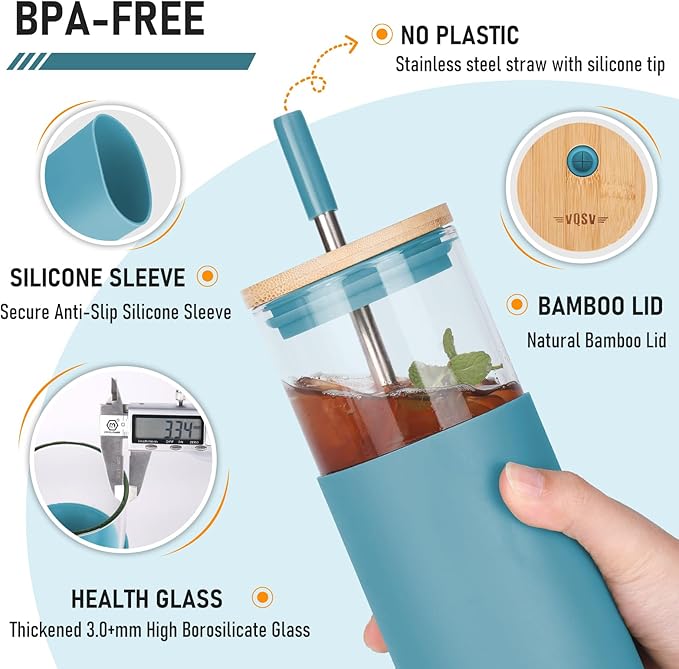 2Pack Glass Tumbler w/Lid &Straw - 24oz Reusable Glass Mug/Bamboo Lid & Stainless Steel Straw -BPA Free, Leak-Proof, Dishwasher Safe for Coffee, Smoothies, Hot Beverage, Travel, Office, Home Use