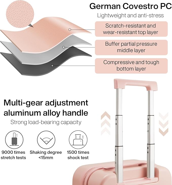 mixi 14 Inch Underseat Luggage Carry on Suitcase Free Boarding Personal Item Suitcases with Spinner Wheels Hardshell Lightweight PC for Short Travel, Pink