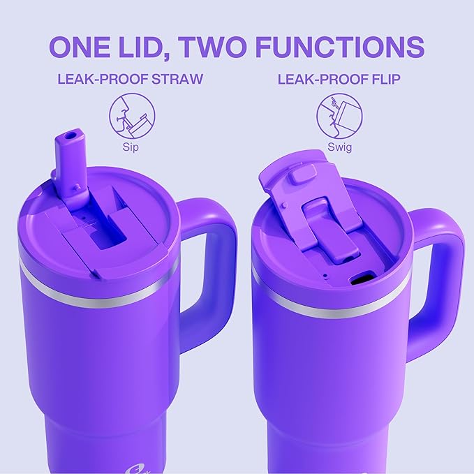 32 oz Tumbler with Handle and Straw: Stainless Steel Insulated Tumbler Keeps Cold for 24 Hours, Leakproof Travel Cup Fits in Cup Holder and BPA-Free, Violet