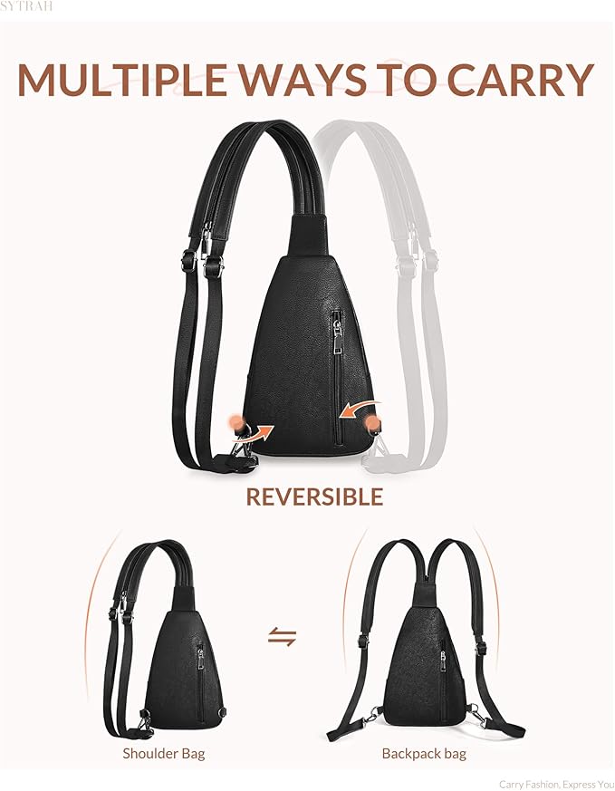 Sling Bag for Women, Crossbody Bags for Women Trendy Crossbody Purse Vegan Leather Sling Backpack Chest Bag with Dual Purpose Strap, Pure Black