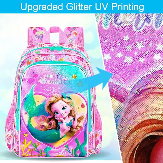 3Pcs Mermaid Backpack, 16" Kids Bookbag for Girls with Lunch Box, School Backpacks Set for Elementary Preschool Kindergarten(Pink)