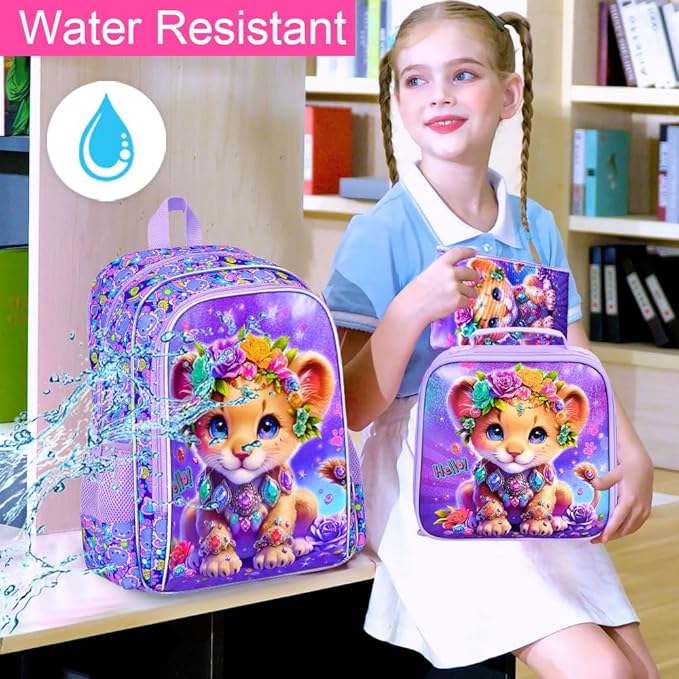 3Pcs Backpack for Girls, 16" Lion Kids Bookbag for Elementary Preschool Kindergarten, School Backpacks with Lunch Box(Purple)