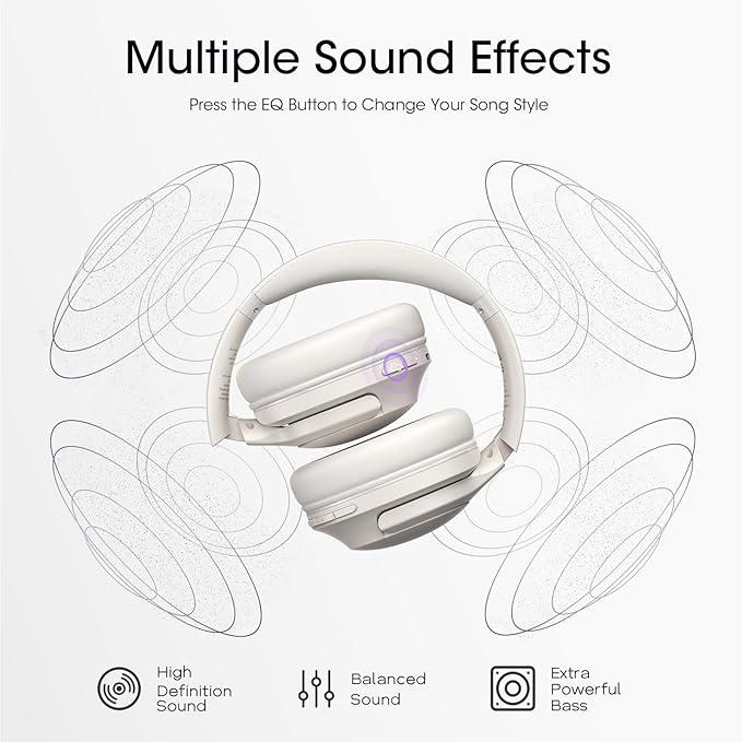 Bluetooth Headphones Over Ear, 80H Playtime Wireless Headphone with 3 EQ Modes, Built-in Mic, Deep Bass, HiFi Stereo Foldable Wireless Headset for iPhone PC Travel Workout (Light Gray)