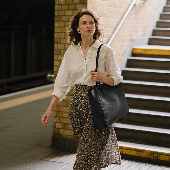 befen Vintage Genuine Leather Work Tote Bag for Women Large Tote Bag with Zipper Leather Purse and Handbags with Compartment