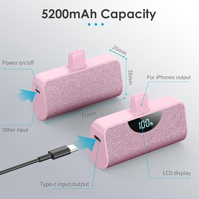 Mini Portable Charger Power Bank for iPhone, 5200mAh External Battery Charging Bank, 20W PD Fast Charging Battery Pack Portable Phone Charger for iPhone 14 Pro Max/14/13/12/11/XR/X/8/7/6/SE (Pink)