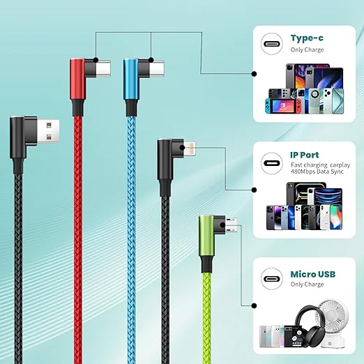 Travel Essentials 90 Degree Multi Charging Cable [2Pack 5FT], Right Angle 4 in 1 Charging Cable, USB Cable Charging Cords with IP/Type C/Type C/Micro Port, Compatible with Most Cell Phones and More
