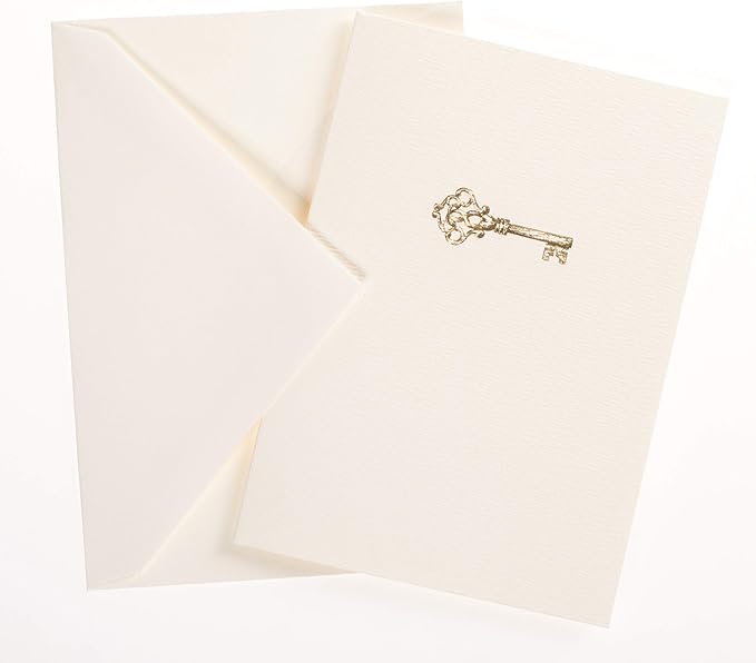 Graphique Key La Petite Presse Boxed Notecards - 10 Embossed and Embellished Gold Foil Vintage Key Blank Cards with Matching Envelopes, 3.25" x 4.75" (L1543CB)