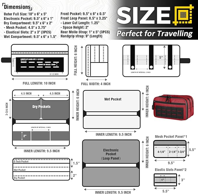 DBTAC Tactical Toiletry Bag w/Electronic Organizer Compartment | Dry/Wet Separate Hygiene Bag, Expanded Travel Dopp Kit Shaving Kit Travel shower Bag for Men (Red)
