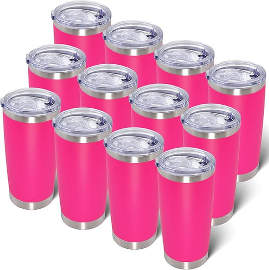 20oz Tumbler Bulk Stainless Steel Tumblers with Lid Vacuum Insulated Double Wall Travel Coffee Mug Powder Coated Tumbler Cup for Hot and Cold Drinks(Hot Pink, 12 pack)