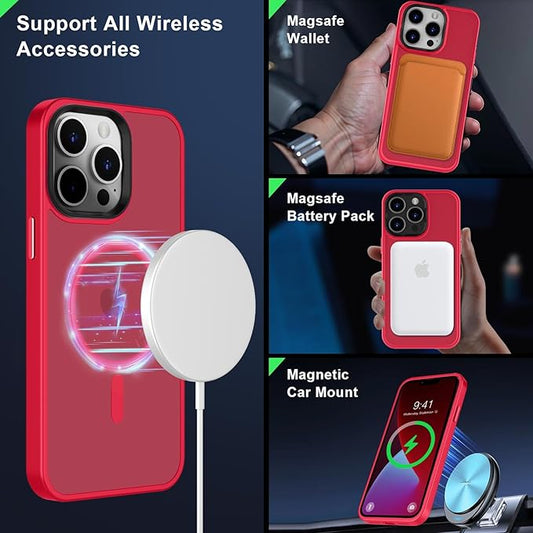 MOCCA Strong Magnetic for iPhone 13 Pro Max Case,[Compatible with Magsafe][Glass Screen Protector+Camera Lens Protector] Slim Thin Shockproof Cover Phone Case for iPhone 13 Pro Max 6.7", Red