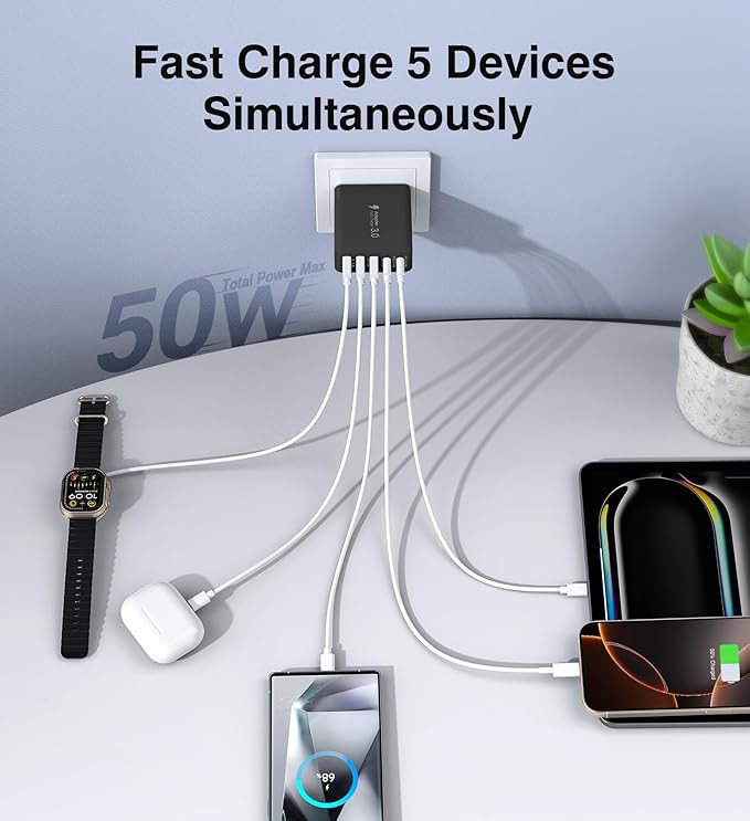 [2-Pack] USB C Wall Charger, 50W Fast USB C Charger Block, 5-Port PD Power Adapter + QC Wall Plug Multiport Type C Charging Block Cube Compatible with iPhone 16 15 14 13 12 11 Pro Max XR XS, Black