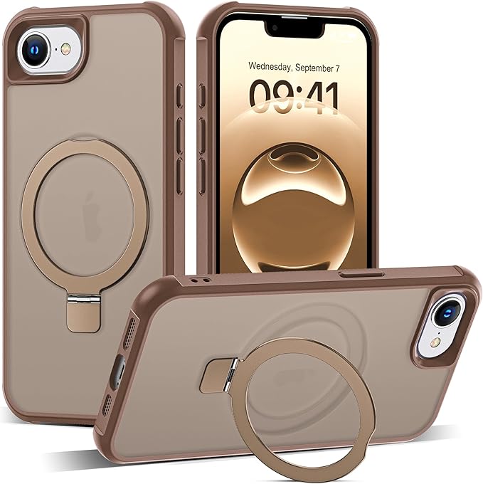Compatible with iPhone 16E Case with Invisible Magnetic O-Ring Stand Military-Grade Translucent Case for iPhone 16E 6.1" [Compatible with Mag-Safe][Great Grip Feeling],Desert Brown