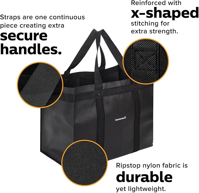 Homemell Heavy Duty Reusable Grocery Bags, Large Collapsible Tote Bag Holds 100 LBS, Extra-Strength Premium Material (Black, 4-Pack)