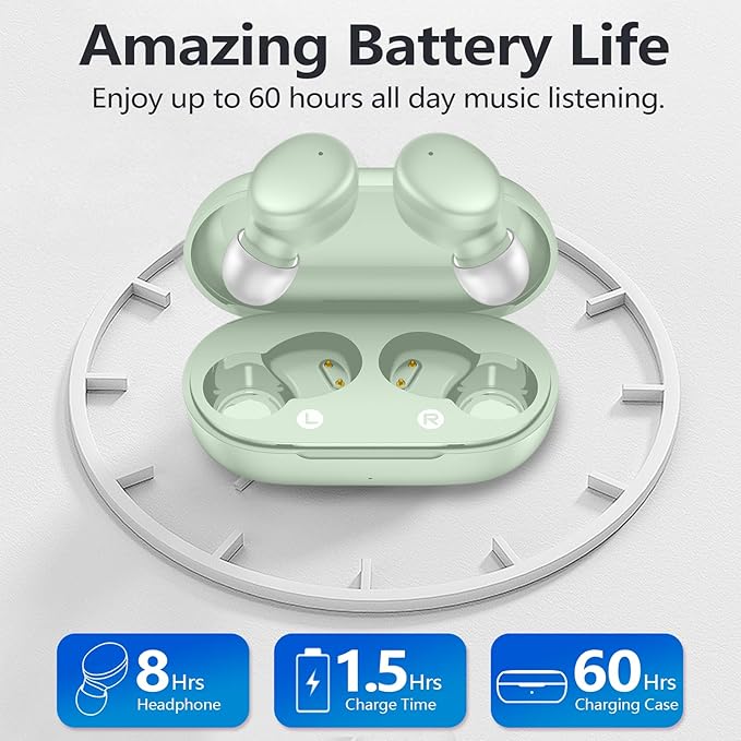 MOZOTER S8 Mini Wireless Earbuds Bluetooth 5.3 in Ear Light-Weight Headphones,60Hrs Playtime Ear Buds with Charging Case,Built-in Microphone Headset,Premium Sound with Deep Bass for Sport-Green