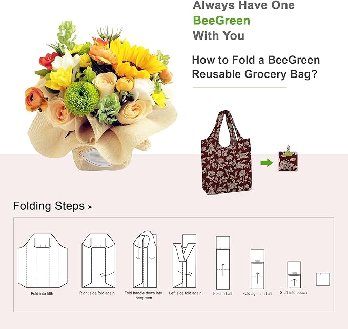 BeeGreen Tulip Reusable Shopping Bags 6 Pack - Heavy Duty Washable and Foldable Polyester Shopping Bag for Women, Reusable Gift Grocery Totes Market Tote Bag with Handles for Travel Holiday