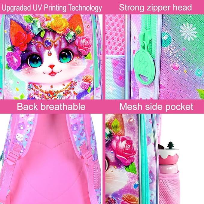 3Pcs Cat Backpack for Girls, 16" Kids School Backpacks with Lunch Box, Bookbag for Elementary Preschool Kindergarten(Pink)