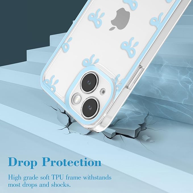EYZUTAK Case for iPhone 14, Clear Cute Ribbon Bowknot Pattern Aesthetic Transparent Phone Case Raised Camera Protection Stylish Slim Soft Durable TPU Protective Cover for Women Girls - Blue