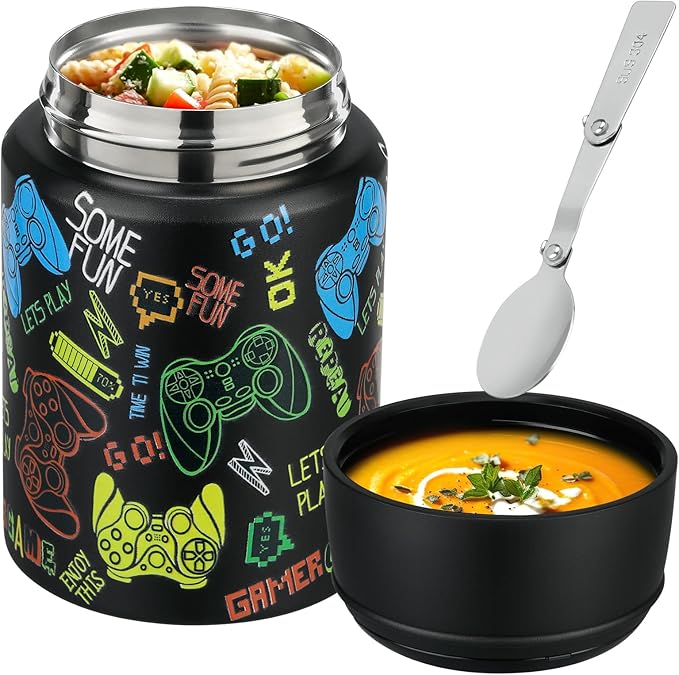 17oz Soup Thermo for Hot Food Kids Insulated Food Jar,Thermo Hot Food Lunch Container, Width Mouth Stainless Steel Lunch Box for Kids with Handle Folding Spoon(Black - Game Console)