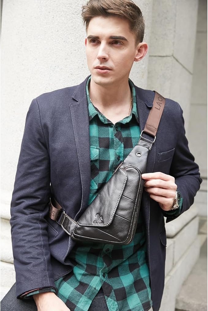 pundarika Genuine Leather sling bag for men women casual crossbody backpack small shoulder bag chest bag