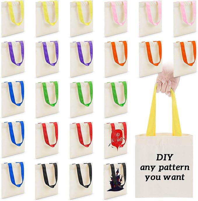 Amylove 24 Pcs Mini Tote Bag Sublimation Blank Canvas Tote Bags Reusable Grocery Luggage DIY Sack Goody for Party Even (8 x 10 Inch,Natural with Colorful Handle)