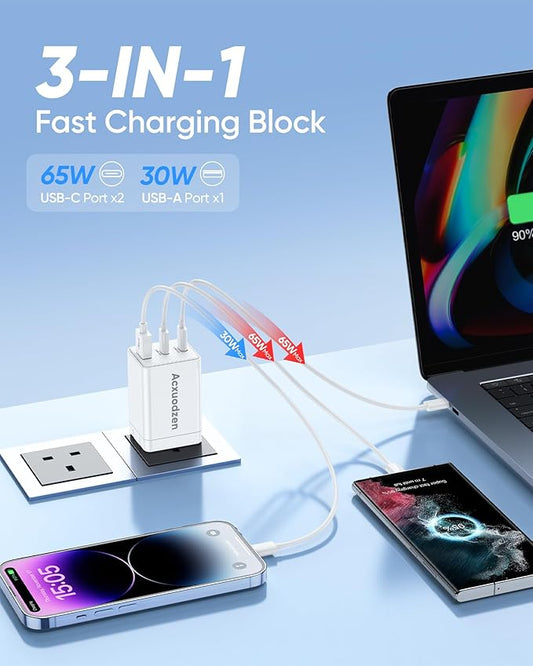 USB C Charger Block 2 Pack, 3 Port Gan Fast Charger with 4 Pack 6FT Charging Cables, PPS PD QC3.0 Compact Foldable Fast Charging Blocks for MacBook, iPhone, Samsung, Galaxy, iPad, Android, White