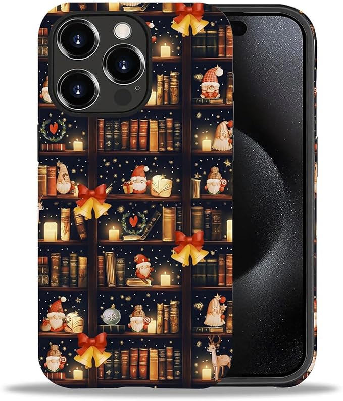 DAIZAG Case Compatible with for iPhone 15 Pro Max,Christmas Santa Claus Bookshelf Bells Phone Case for iPhone 15 Pro Max for Girl Women Boy Men
