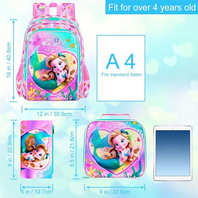 3Pcs Mermaid Backpack, 16" Kids Bookbag for Girls with Lunch Box, School Backpacks Set for Elementary Preschool Kindergarten(Pink)
