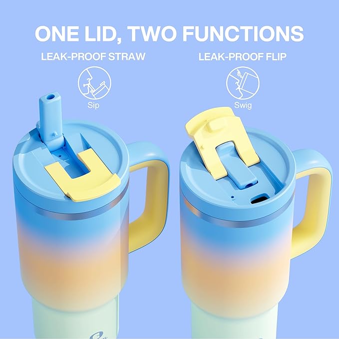 32 oz Tumbler with Handle and Straw: Stainless Steel Insulated Tumbler Keeps Cold for 24 Hours, Leakproof Travel Cup Fits in Cup Holder and BPA-Free, Sunny Breeze