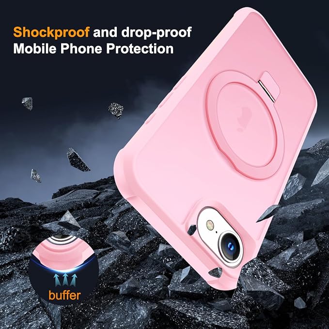 Compatible with iPhone 16E Case with Invisible Magnetic O-Ring Stand Military-Grade Translucent Case for iPhone 16E 6.1" 2025 [Compatible with Mag-Safe][Great Grip Feeling], Pink