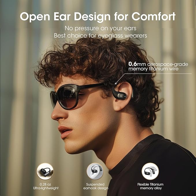 Open Ear Headphones, Bluetooth 5.4 Wireless Headphones with Earhook, Stereo Sound by Runway-Type Speaker, 3 EQ Modes, 48H Play, Lightweight, Comfort Wireless Earbuds for Running Sport Workout (Black)